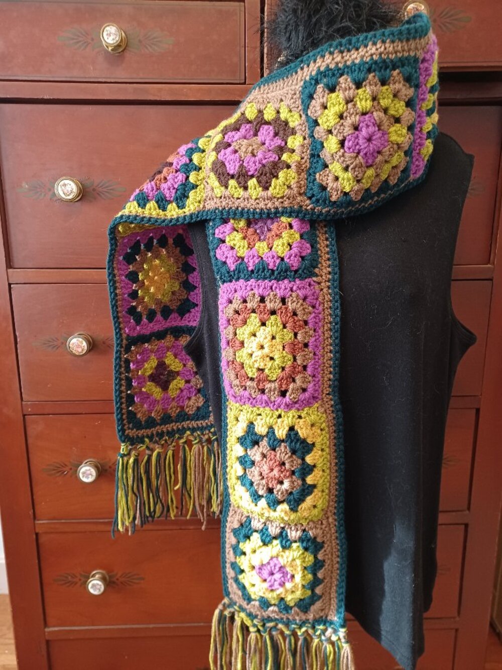 Handmade Crocheted Granny Square Winter/Fall Scarf - Gold, Rust, Teal, Violet